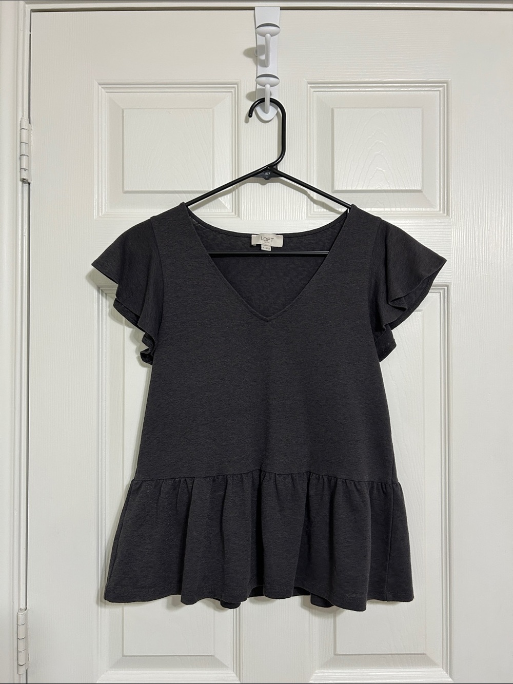 LOFT Charcoal V-Neck Peplum Ruffle-Sleeve Top